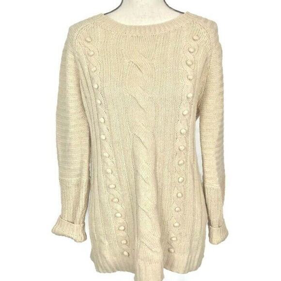 LoveRiche Cable Knit Sweater Crewneck Tunic Beige Long Sleeve Size Medium - Picture 1 of 7